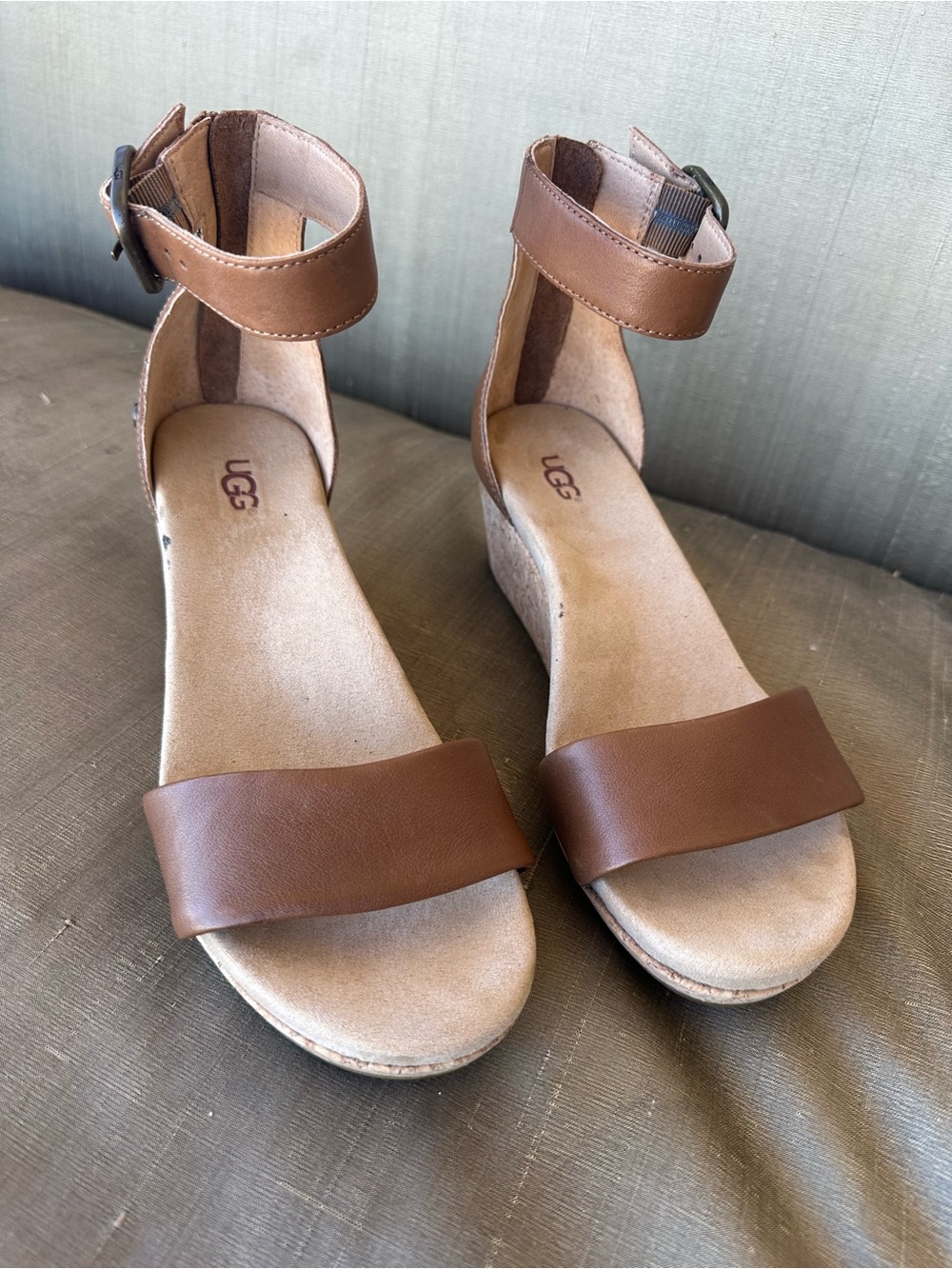 UGG Zoe II Womens Brown Leather Cork Wedge Sandals Ankle Strap Size 7.5